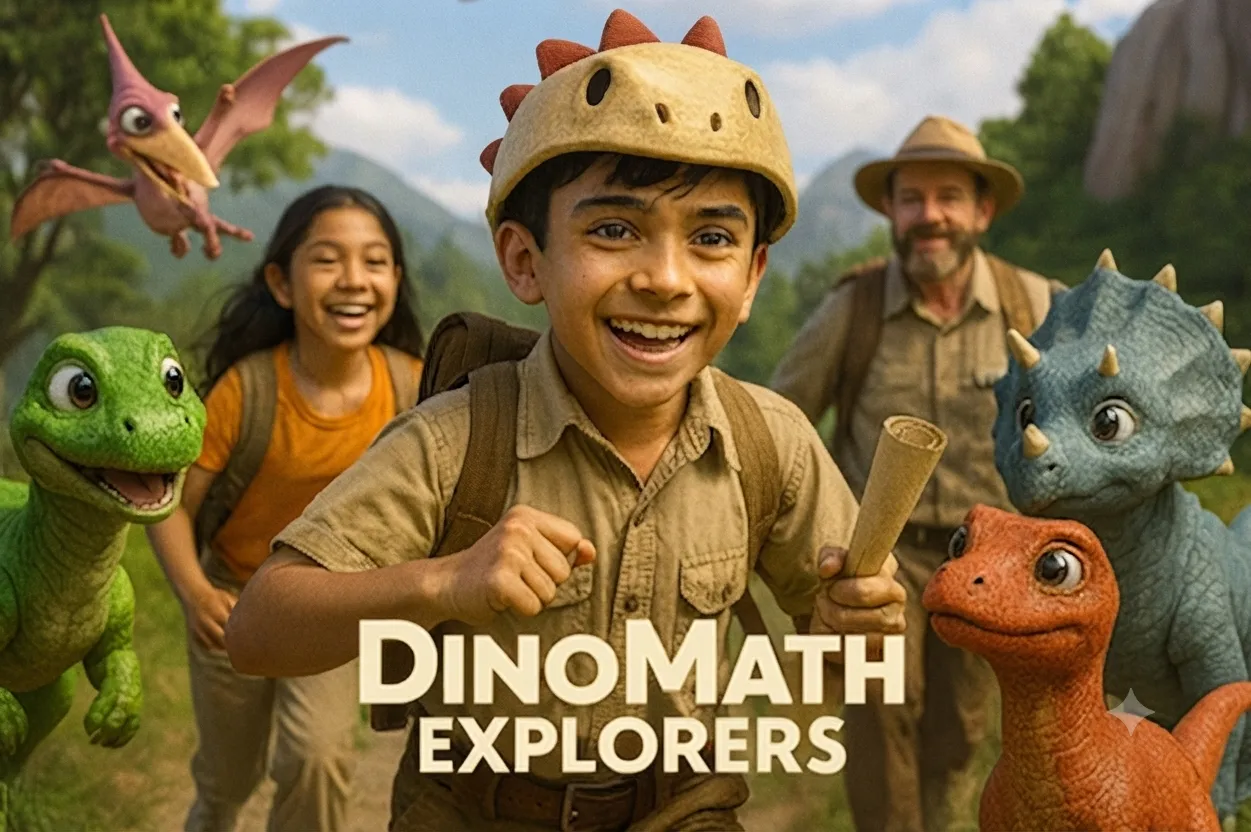 Dinosaurs exploring a prehistoric landscape with DinoMath